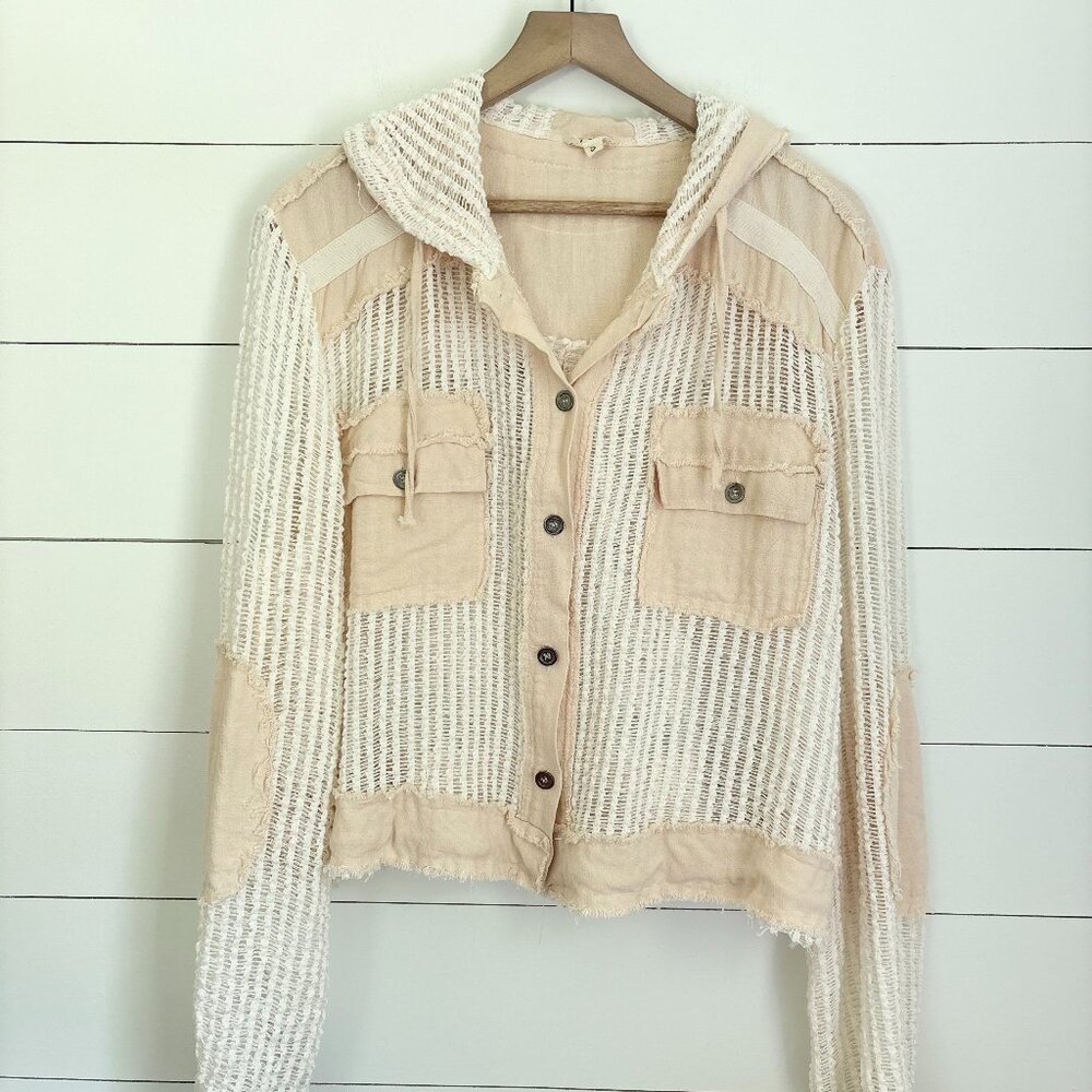 POL oversized cotton mesh sweater/jacket with elbow patches and hood size small